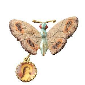 Vintage Butterfly Brooch Pin with Religious Dangling Medallion Charm  1.5" RARE